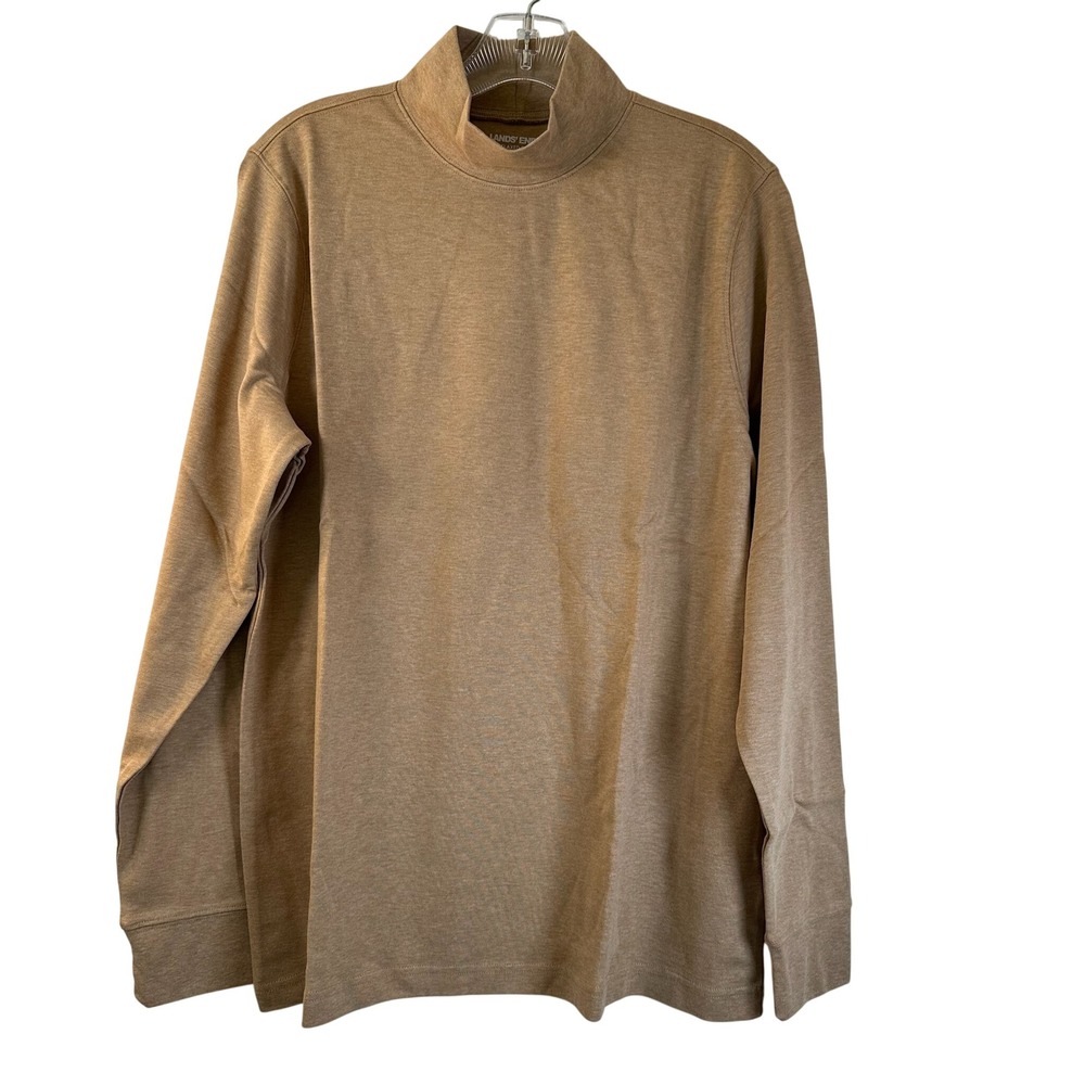 Lands End Relaxed Fit Mock Neck Top Tan Heathered Cotton Long Sleeve L 14-16